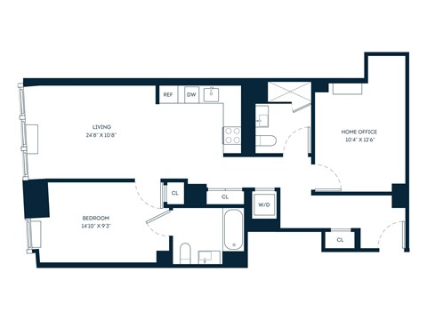 Floor plan for 1 bed, 2 baths, 912 sqft